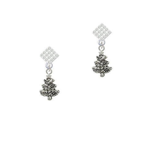 Antiqued Christmas Tree White Clear Crystal Diamond-Shape Earrings