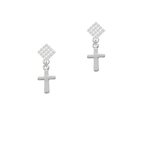 Simple Plain Small Cross White Clear Crystal Diamond-Shape Earrings