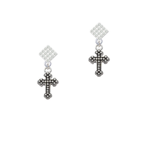Small Botonee Cross with Beaded Decoration White Clear Crystal Diamond-Shape Earrings