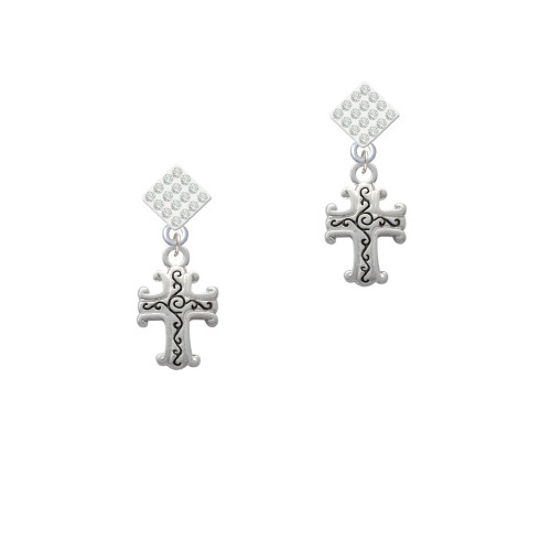 Scroll Cross with Antiqued Decoration White Clear Crystal Diamond-Shape Earrings