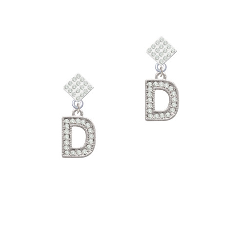 Crystal Initial - D - Beaded Border - White Clear Crystal Diamond-Shape Earrings