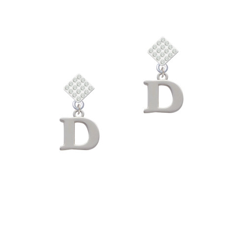 Large Initial - D - White Clear Crystal Diamond-Shape Earrings