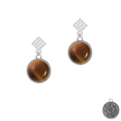 Round - Imitation Cat's Eye - Brown - White Clear Crystal Diamond-Shape Earrings