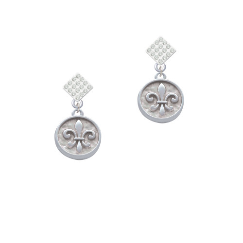 Fleur di Lis - Round Seal White Clear Crystal Diamond-Shape Earrings