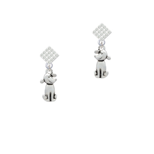 2-D Dog White Clear Crystal Diamond-Shape Earrings