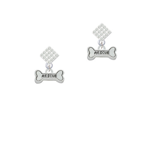 Mini ''Rescue'' Dog Bone White Clear Crystal Diamond-Shape Earrings