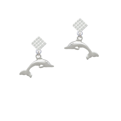 Antiqued Dolphin White Clear Crystal Diamond-Shape Earrings