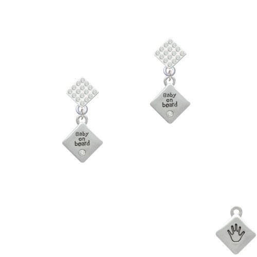 2-D ''Baby on Board'' Sign with Foot Print White Clear Crystal Diamond-Shape Earrings