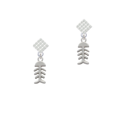 2-Sided Fish Bones White Clear Crystal Diamond-Shape Earrings