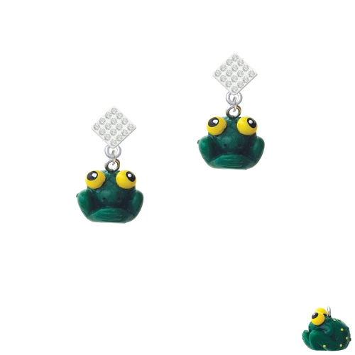 Resin Big Eyed Frog White Clear Crystal Diamond-Shape Earrings