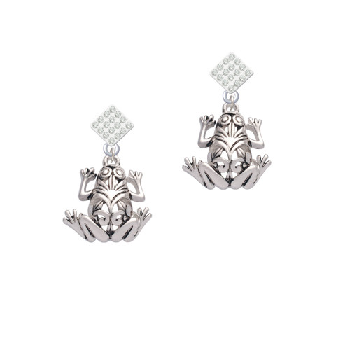 Large Filigree Frog White Clear Crystal Diamond-Shape Earrings
