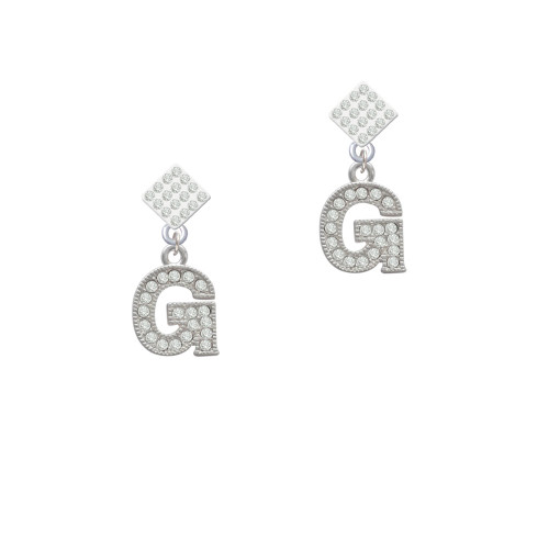 Crystal Initial - G - Beaded Border - White Clear Crystal Diamond-Shape Earrings