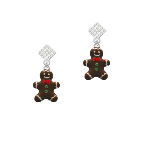 Enamel Gingerbread Boy White Clear Crystal Diamond-Shape Earrings