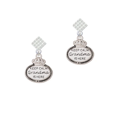 Keep Calm Grandma is Here White Clear Crystal Diamond-Shape Earrings