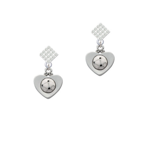 Soccer ball in Heart White Clear Crystal Diamond-Shape Earrings