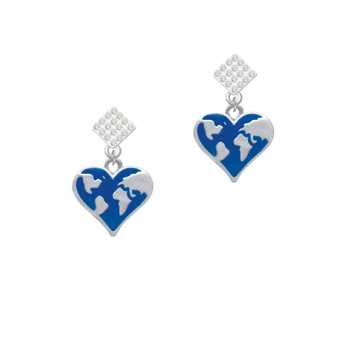 Enamel Earth Heart White Clear Crystal Diamond-Shape Earrings