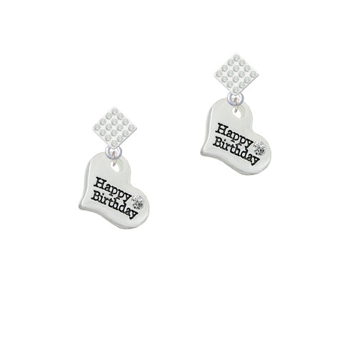 Large Happy Birthday Heart White Clear Crystal Diamond-Shape Earrings