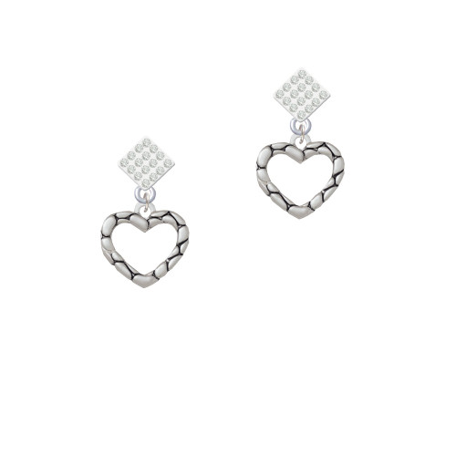 Open Pebble Heart White Clear Crystal Diamond-Shape Earrings