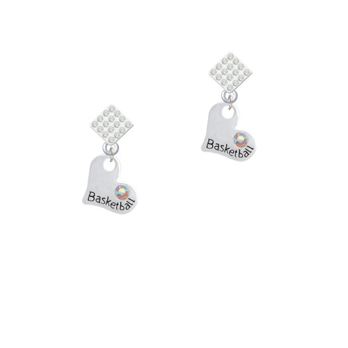 Heart with ''Basketball'' and AB Crystal White Clear Crystal Diamond-Shape Earrings
