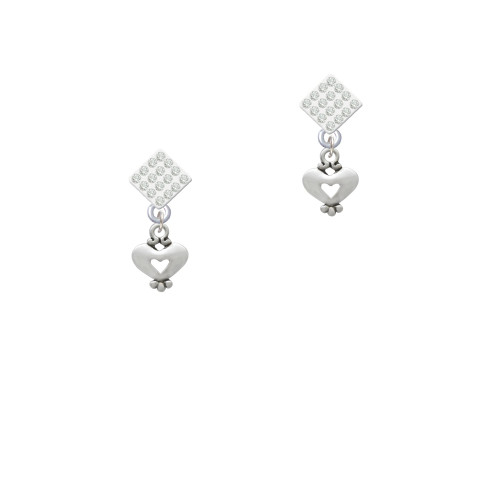 Mini Heart with Cutout White Clear Crystal Diamond-Shape Earrings