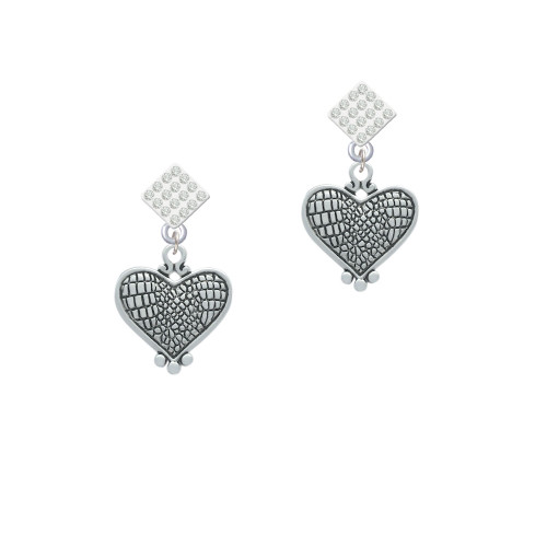 Antiqued Snake Print Heart White Clear Crystal Diamond-Shape Earrings