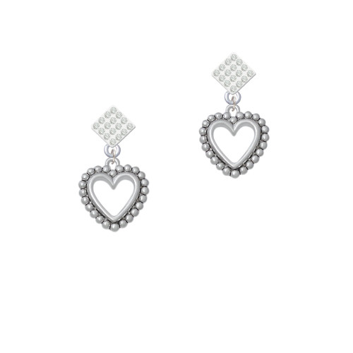 Open Heart with Beaded Border - 2 Sided White Clear Crystal Diamond-Shape Earrings