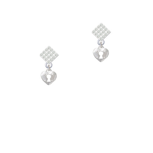 Mini Heart Lock White Clear Crystal Diamond-Shape Earrings