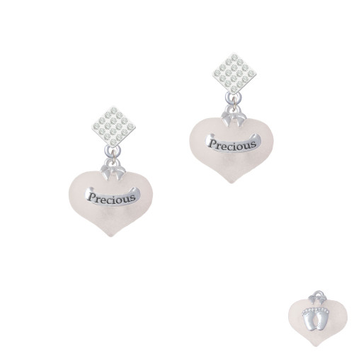 Precious White Heart with Baby Feet White Clear Crystal Diamond-Shape Earrings