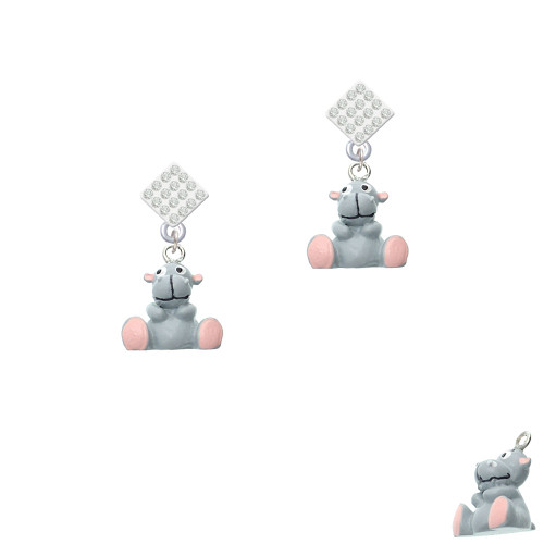 Resin Gray Hippopotamus Honey White Clear Crystal Diamond-Shape Earrings