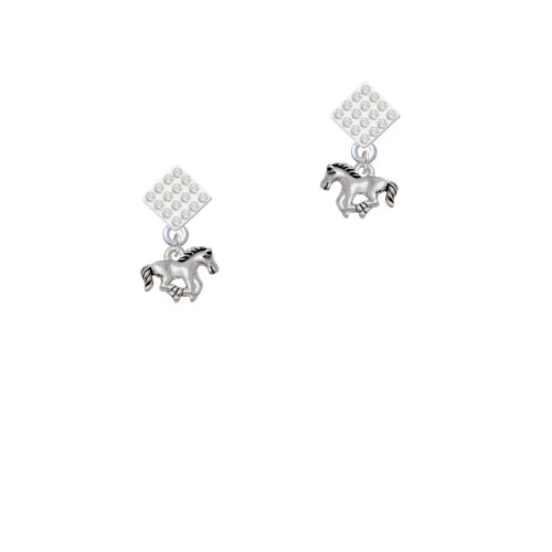 Mini Running Horse White Clear Crystal Diamond-Shape Earrings
