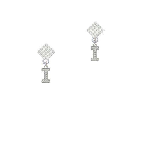 Small Crystal Initial - I - White Clear Crystal Diamond-Shape Earrings