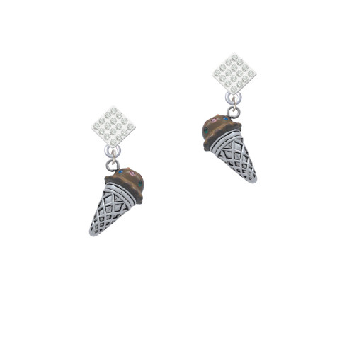 3-D Resin Chocolate Ice Cream Cone with Crystals White Clear Crystal Diamond-Shape Earrings