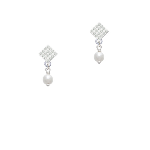 6mm Glass Imitation Pearl Bead Drop White Clear Crystal Diamond-Shape Earrings