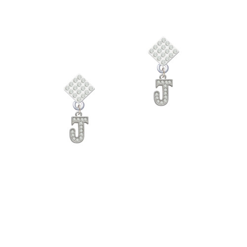 Small Crystal Initial - J - White Clear Crystal Diamond-Shape Earrings