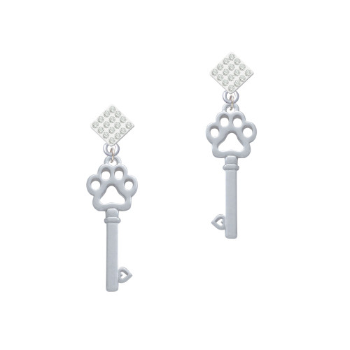 Open Paw Key White Clear Crystal Diamond-Shape Earrings