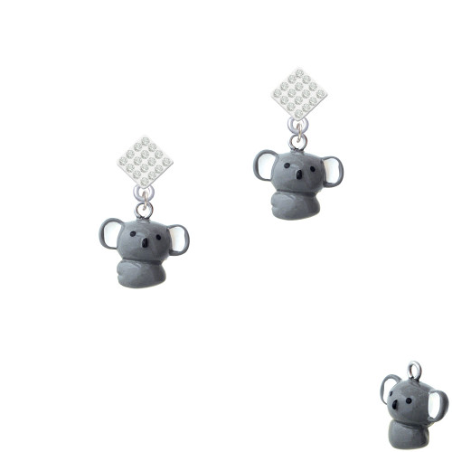 Resin Koala Bear White Clear Crystal Diamond-Shape Earrings