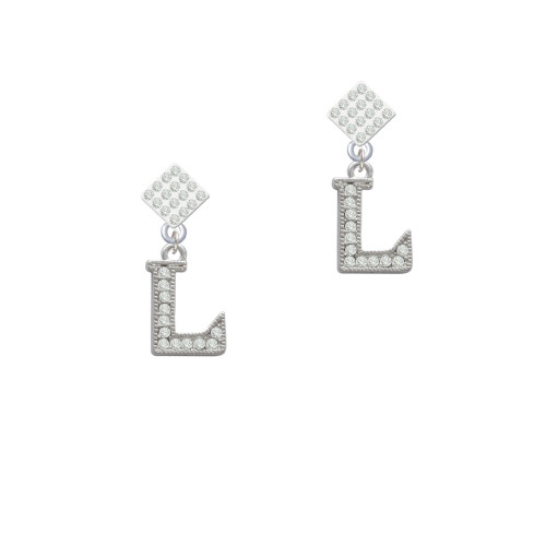 Crystal Initial - L - Beaded Border - White Clear Crystal Diamond-Shape Earrings