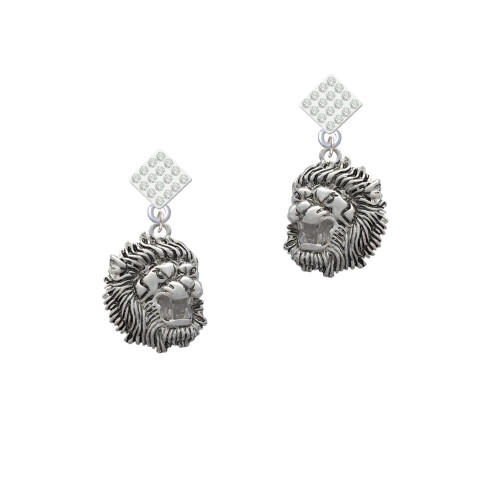 Large Lion - Mascot White Clear Crystal Diamond-Shape Earrings