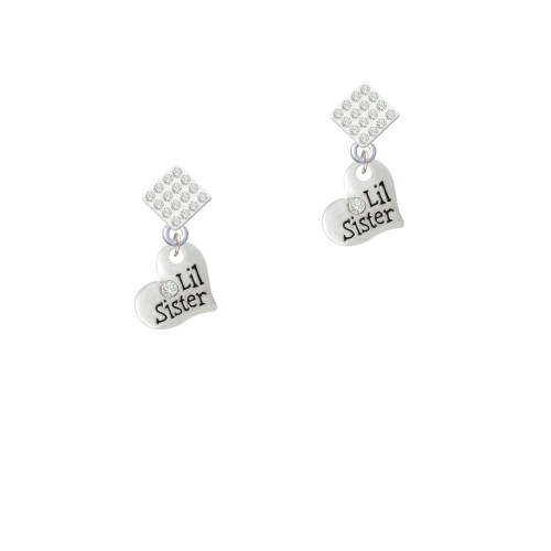 Small ''Lil Sister'' Heart with Clear Crystal White Clear Crystal Diamond-Shape Earrings
