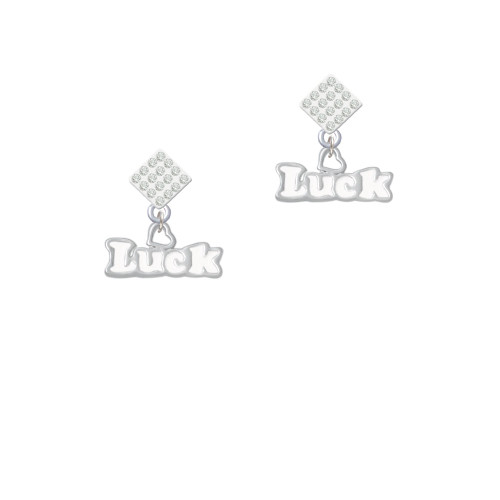White ''Luck'' with Heart White Clear Crystal Diamond-Shape Earrings