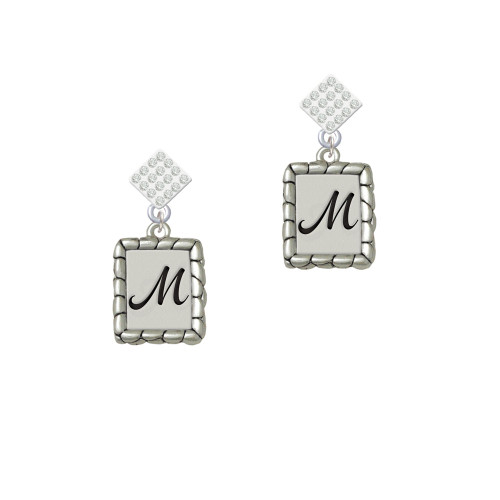 Pebble Border Initial - M White Clear Crystal Diamond-Shape Earrings