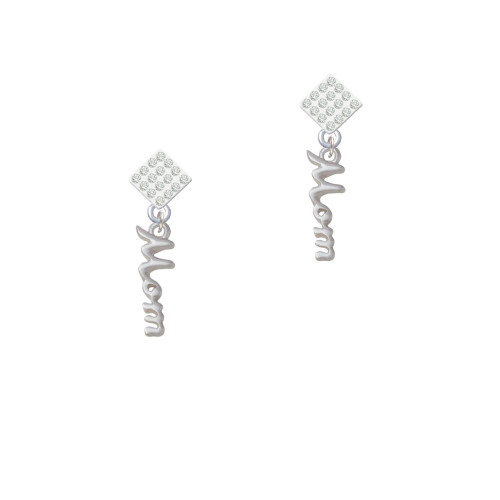 Small Mom Script White Clear Crystal Diamond-Shape Earrings