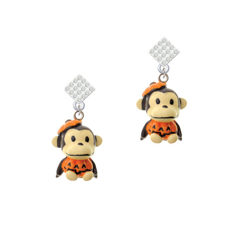 Resin Monkey in Pumpkin Costume White Clear Crystal Diamond-Shape Earrings