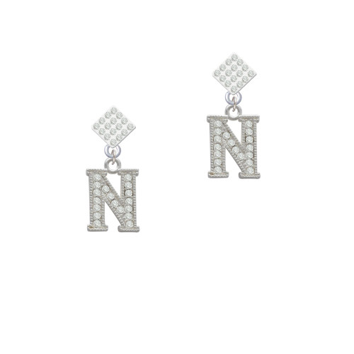 Crystal Initial - N - Beaded Border - White Clear Crystal Diamond-Shape Earrings