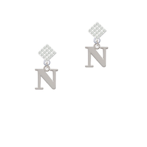 Large Initial - N - White Clear Crystal Diamond-Shape Earrings