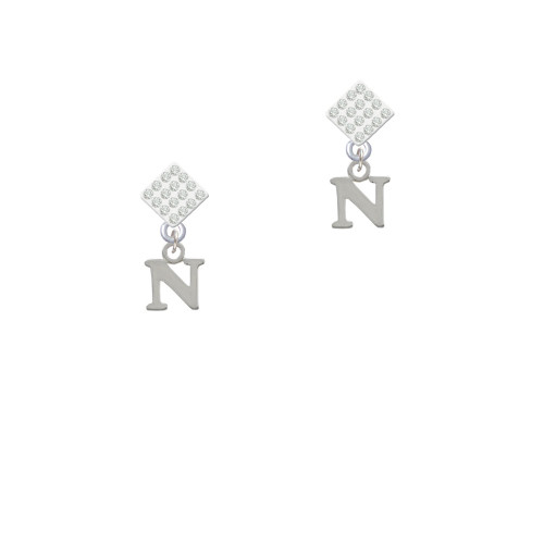 Small Initial - N - White Clear Crystal Diamond-Shape Earrings