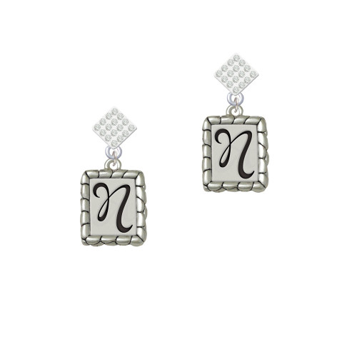 Pebble Border Initial - N White Clear Crystal Diamond-Shape Earrings