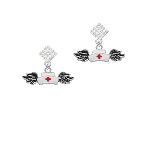 Enamel Nurse Hat with Wings White Clear Crystal Diamond-Shape Earrings