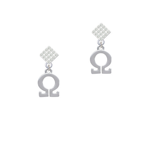 Large Greek Letter - Omega - White Clear Crystal Diamond-Shape Earrings