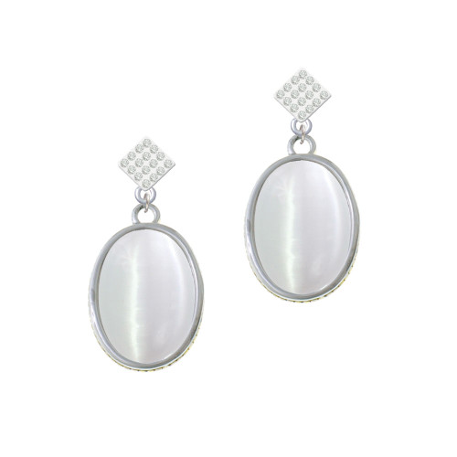 Oval - Imitation Cat's Eye - White - White Clear Crystal Diamond-Shape Earrings